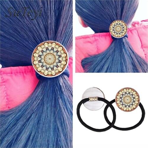 SUTEYI Wedding Hairpins India Mandala OM Symbol Flower Zen Glass Photo Cabochon Extensible Black Hair Rope Band hairpins clip