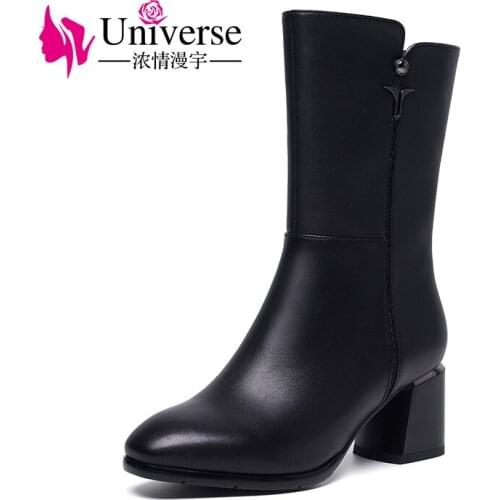 Universe high heel warm winter boots women chunky heel black cow leather boots mid calf boots G381