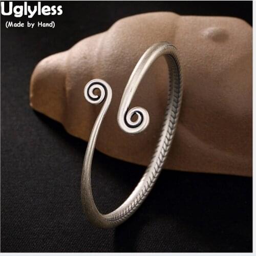 Uglyless Real 990 Silver Fine Jewelry Neutral Vintage Engraving Snake Bone Bangle Carve Vines Opening Bangle Women Ethnic Bijoux