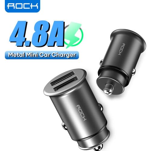 ROCK 4.8A Metal Mini USB Car Charger For iPhone Samsung Dual USB Car Cell Phone Charger Adapter Fast Charger For Xiaomi Foco X3