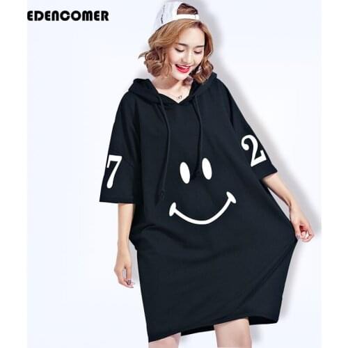 College Style Casual Student T-shirts 2021 New Loose Plus Size Hooded Pullover Mid-length Cartoon Smiling Face T-shirt Women