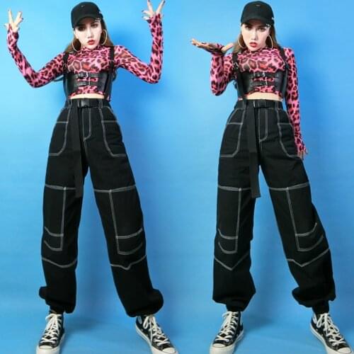 2021 Sexy Pink Leopard Tops For Women Nightclub Dance Costume Loose Black Hip Hop Pants Street Dancing Outfit Rave Wear DNV15054