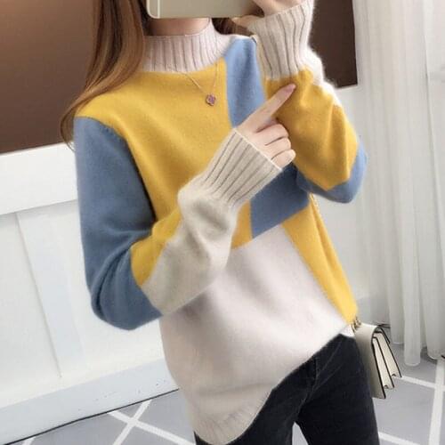 Women 2021 Autumn Patchwork Pullover Sweater Female Loose O Neck Long Sleeve Knitted Tops Lady Thick Fashion Jumper Sweaters H03