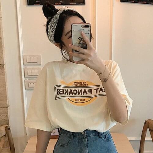 #0117 Apricot Gray Red Short Sleeves T-shirt Women Korean Clothes Casual Loose Vintage Harajuku Print O Neck Cotton Tops T Shirt
