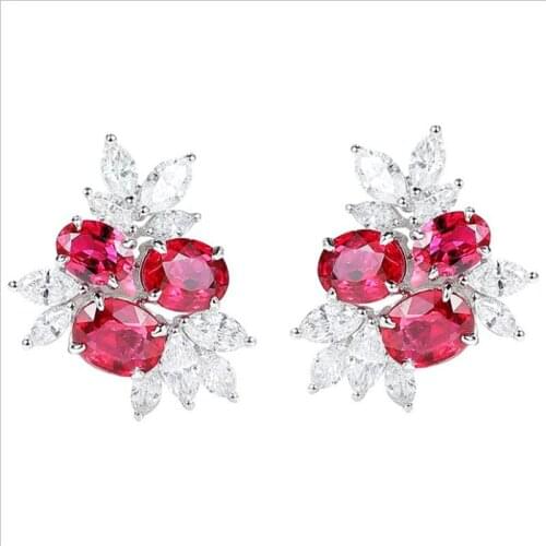 2021 Trendy Crystal Red Blue Flower Earrings For Women Jewelry Sparlking Stones Stud Earring Silver Plated Lady Accessories