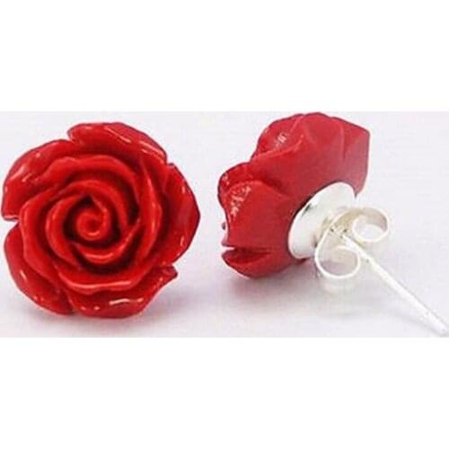 Free shipping Fashion Jewelry 10mm Coral Red Rose Flower 925 Sterling Silver Earrings