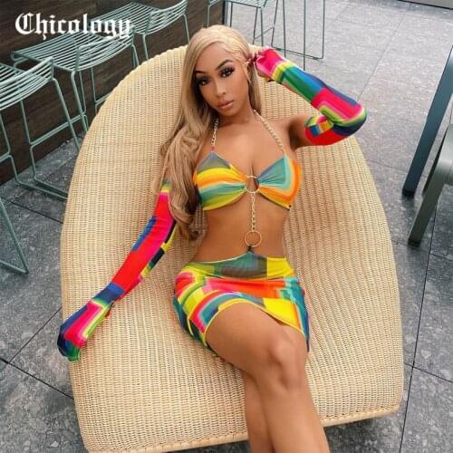Chicology 2021 Women Summer Multi Print Dress Mini Halter Sexy Fashion Prettly Long Sleeve Street Wear Evening One Pieces