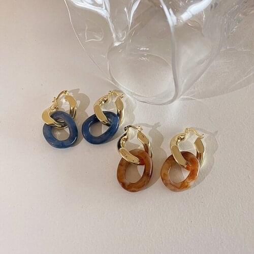 French Vintage Irregular Metal Resin Hoop Earrings for Women Girls Textured Hollow Oval Blue Coffee earrings Jewelry Pendientes