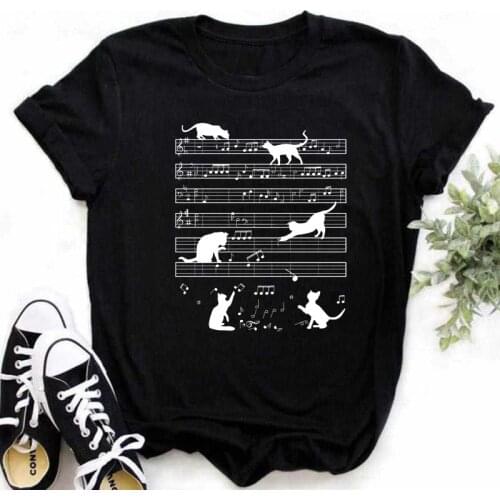 Maycaur Cute Cat Print Women Tshirt Harajuku Summer Female Top Tee for Lady Girl Funny O-Neck T-shirts Fashion Black T Shirt