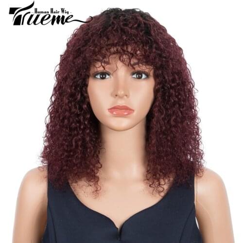 Trueme Kinky Curly Wig With Bangs Remy Human Hair Bob Wigs For Women Fashion Jerry Curly Full Wig Ombre 99J Brown Blonde Color