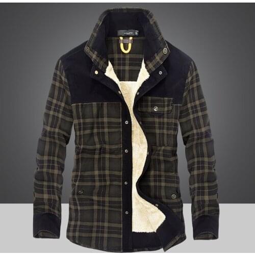 Winter Flannel Warm Shirts Men Military Plaid Coat Fleece Liner Jacket Chemise Homme Casual Long Sleeve 100% Cotton Dress Shirts