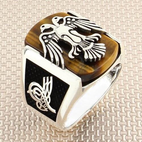 Seljuk Eagle Men Silver Ring Brown Tiger Eye Stone Silver Ring With Ottoman Tugra Motif Made in Turkey Solid 925 Sterling Silver