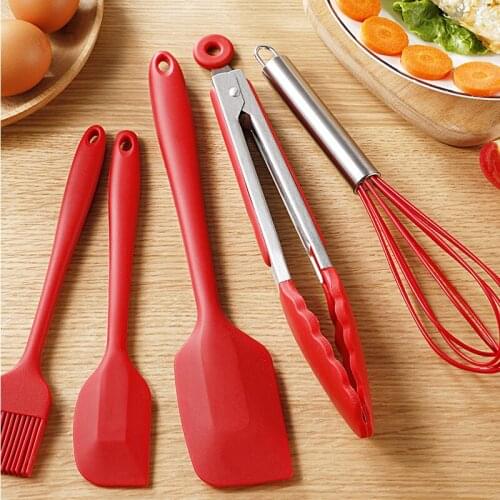 6Pcs Silicone Cooking Utensil Set Wooden Handle Spatula Soup Spoon Brush Ladle Pasta Colander Non-stick Cookware Tools
