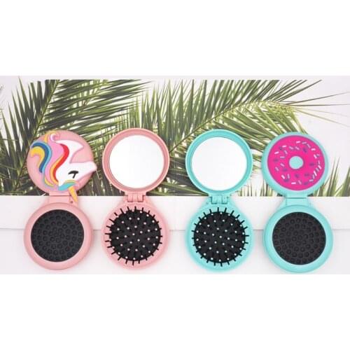 2021 New Colorful Girls Portable Mini Folding Comb Airbag Massage Round Travel Hair Brush With Mirror Plastic Comb Accessories