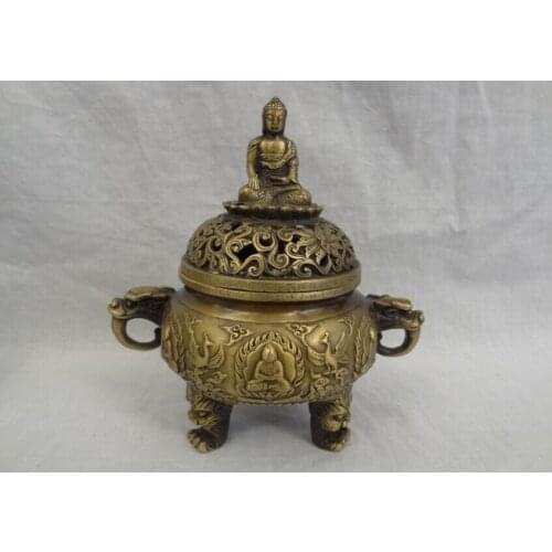Song voge gem S2682 8" Tibet Bronze Buddhism Phoenix Shakyamuni Buddha Statue Incense Burner Censer