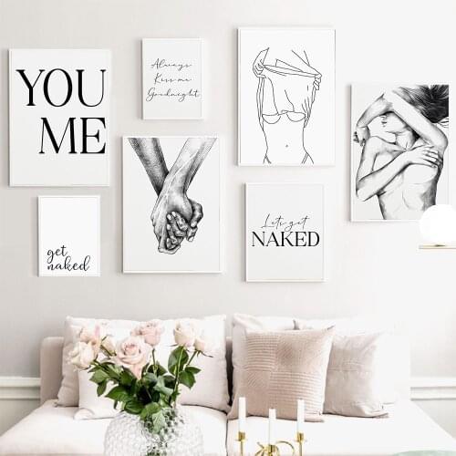 Nordic Fashion Letter Naked Posters Print Abstract Line Woman Black White Canvas Painting Hand Wall Art Pictures Bedroom Decor