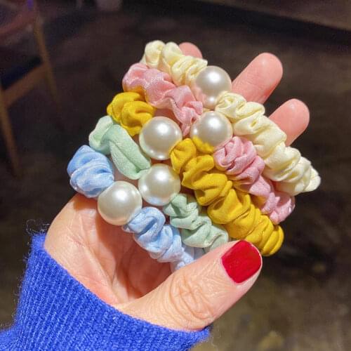 Scrunchies Pearl Cloth Large Intestine Loop Hair Rope Candy Color Hair Ties Autumn Winter Women Hair Accessories Girls Hairbands