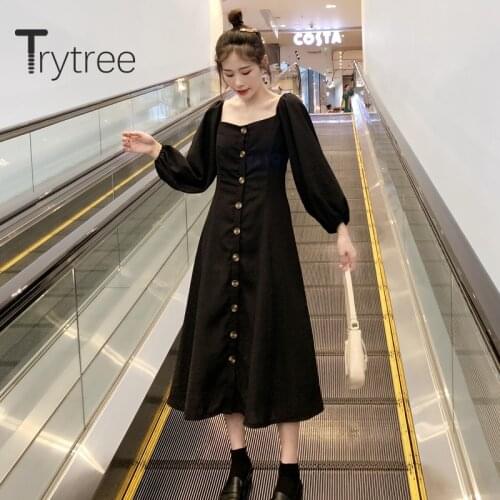 Trytree 2020 Spring Women Casual Dress Square Collar Single Breasted Solid A-line Dress Fashion Vintage Temperament Black Dress