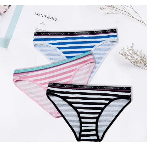 Womens Panties Sexy Cotton Crotch Briefs Female Underwear Lingerie Bikini Ladies Knickers Breathable Striped 3 pcs/set FUNCILAC