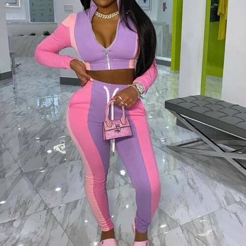 Two piece outfits for women 2021 new style European and American womens color matching casual jacket + sports pants suit