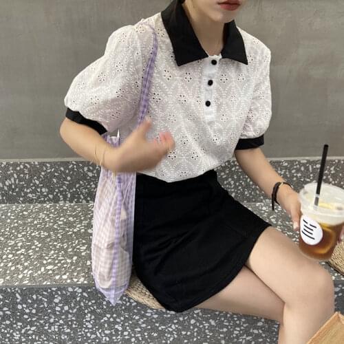 2021 Spring and Summer Korean Chic College Style Contrast Polo Shirt Lace Shirt Female + Denim Skirt Two-piece Suit