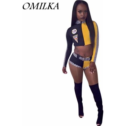 OMILKA 2 Piece Set Women Crop Top and Shorts Set 2018 Summer Women Long Sleeve O Neck Printed Hip Hop Club Streetwear Tracksuits