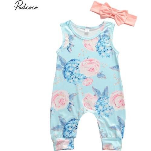 2020 Summer Floral Newborn Baby GIrls Rompers 0-18M Infant Sleeveless Cotton Clothes Jumpsuit Playsuit Outfit Headband 2pcs