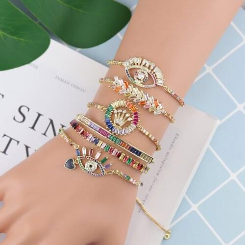 Luxury Rainbow CZ Women Bracelet Stacks Queen Crown Eye Heart Charms Gold Color Tennis Chain Bracelets Bangles For Women Jewelry