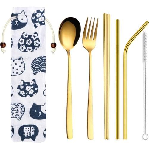6Pcs Portable Stainless Steel Chopsticks Spoon Fork Straws Kitchen Tableware Set