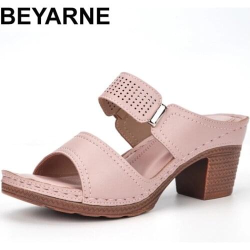 BEYARNE New Women Sandals PU Leather Heel Women Sexy Casual High Heels Summer Sandals Pumps Shoes Size 41