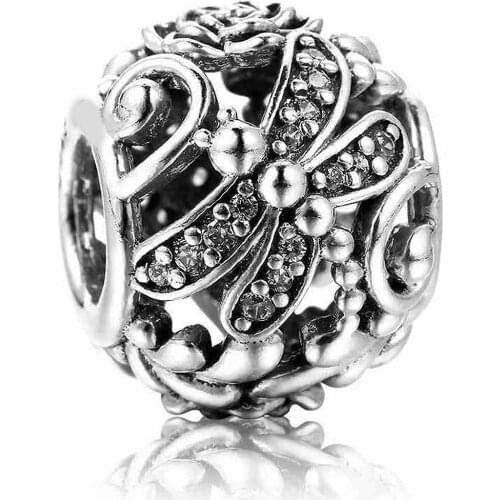 Genuine 925 Sterling Silver Bead Charm OpenWork Dragonfly Meadow With Crystal Beads Fit Pan Bracelet & Necklace Diy Jewelry