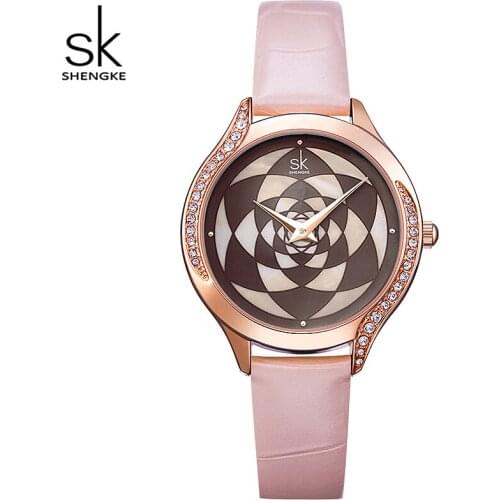 Shengke New Beautiful Flower Design Watches Womens Quartz Wristwatches Lady Fashion Casual Leather Strap Watch Montre Femme