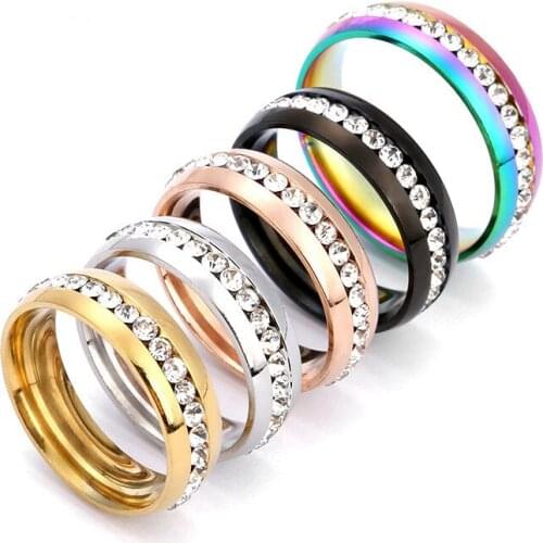 Elegant Rose Gold Color Rhinestone Crystal Ring Wide Stainless Steel Love Rings for Women Wedding Rings Engagement Jewelry Gifts