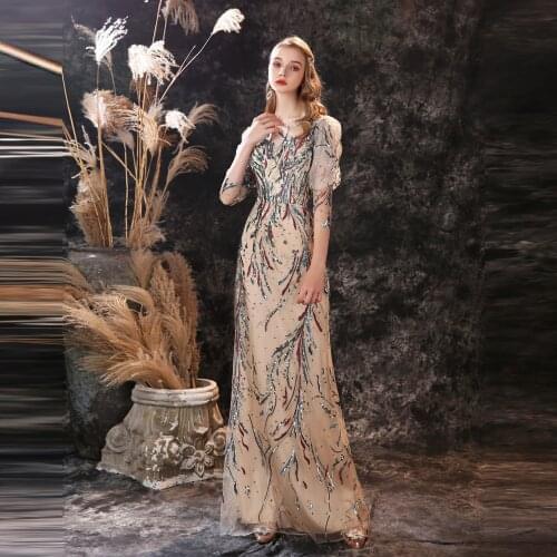 Elegant Colorful Sequins Evening Dresses Half Sleeves Puffy Tulle Mermaid Prom Dress Women Long Formal Gowns 2020