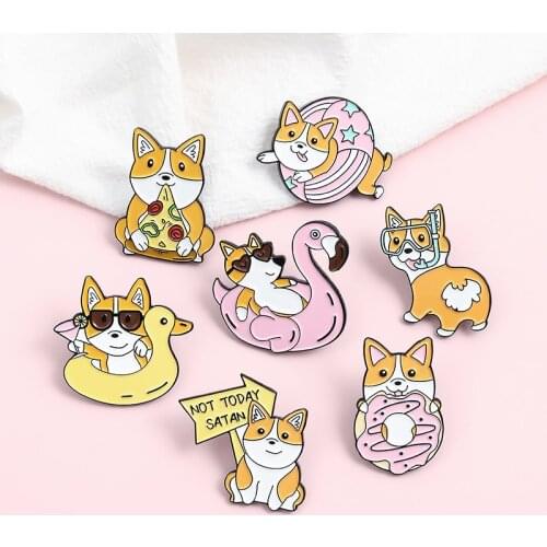 NOT TODAY SATAN Enamel Pin Diving Brooch Bag Lapel Pin Cartoon Pizza Donuts Corgi Beach vacation Dog Badge Jewelry Gift Kids