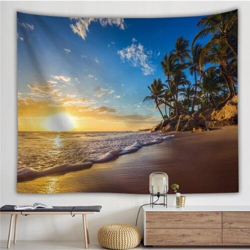 Sandy Beach Tropical Tree Scenery Nature Tapestry Mandala Carpet Sea Palm Coconut Tree Boho Decor Tapestry Wall Hanging Blanket