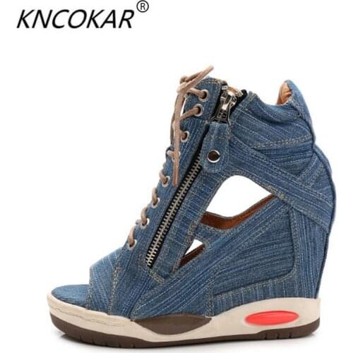 HOT! new denim is bottom thick waterproof with wedge open-toed sandals in raising fish mouth shoes sexy fashion high heels