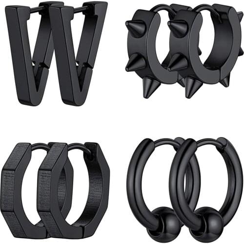 4 Pairs Stainless Steel Punk Rock Hoops Piercing Hypoallegernic Kpop Triangle Punk Huggie Hoop Earrings for Men Women