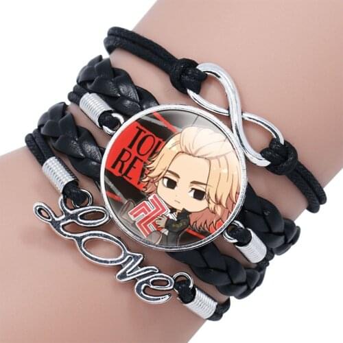 Tokyo Revengers Leather Bracelet Anime Figure Manjiro Ken Takemichi Hinata Atsushi Chibi Wide Glass Cabochon Wristband Jewelry