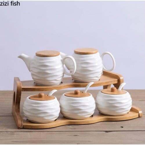 Kitchensupplies Ceramic Oil Pot Flavoring Pot Set Seasoning Box Condiment Bottle Salt Sugar Can Pepper Soy Sauce Pot Vinegar Pot