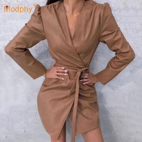 Pu Leather Women Dress Sexy Long Sleeve Lace-Up Bodycon Club Celebrity Party Mini Vestidos 2020 Autumn Fashion New Female