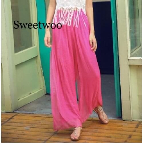 Candy colors Summer loose large size beach pants Elasticity high waist skirt pants fashion chiffon pants wide leg pants