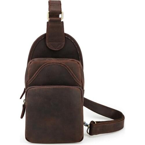 Tiding Mens Retro Crazy Horse Leather Chest Pack Sling Bag Daypack Thick Leather Rucksack Small Shoulder Messenger Bag Brown New
