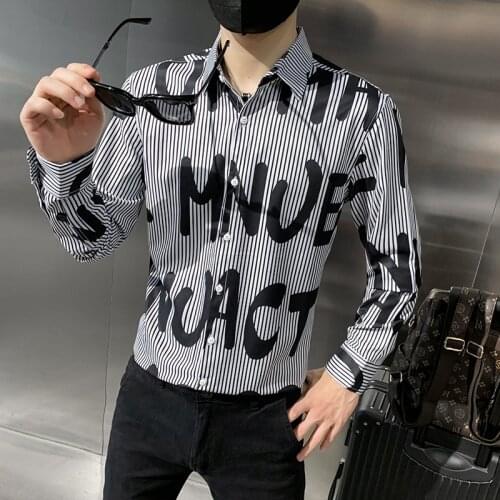 Hot Sale Autumn New Fashion Letter Print Striped Shirt Tuxedo Men Clothing 2021 Simple Slim Fit Casual Long Sleeve Blouse Homme