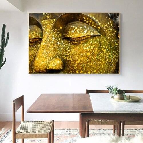 Wall Art Pictures Prints Golden Buddha Face Canvas Painting on Canvas No Frame Home Decor Wall Poster Decoration for Living Room