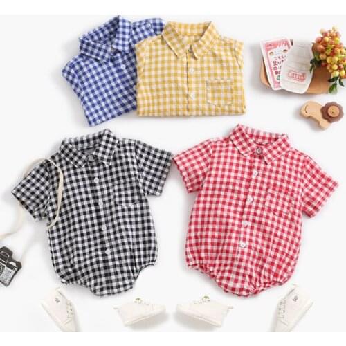New 2021 Summer Baby Boy Girl Short Sleeve Grid Shirt Rompers Kids Boy Girl Rompers Baby Girl Newborn Rompers Clothes