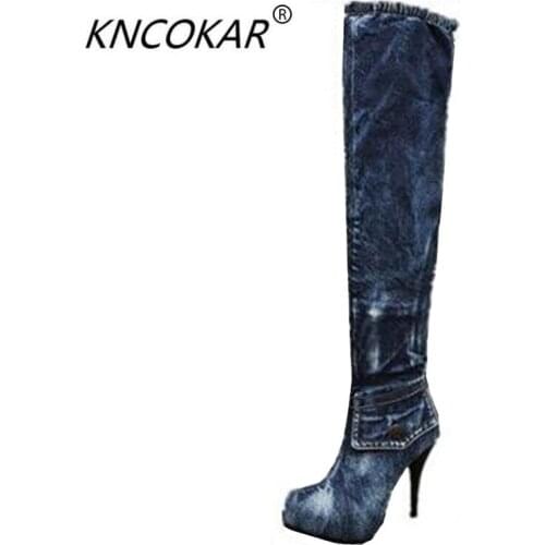 The new denim knee-high boots thin leg stretch boots fine round head high heels with waterproof sexy womens shoes