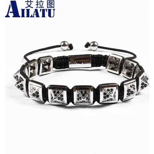 Ailatu New Design Men' Favorite Square Copper Sheet Micro Paved Black Cubic Zirconia Hand-knitted Bracelet
