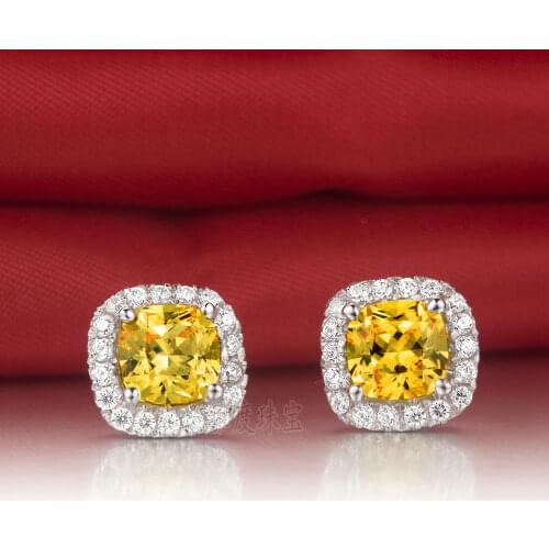 Solid Platinum PT950 Earrings 3CT/Pieces Yellow Cushion Diamond Women Engagement Earrings White Gold Jewelry Gift For Girl