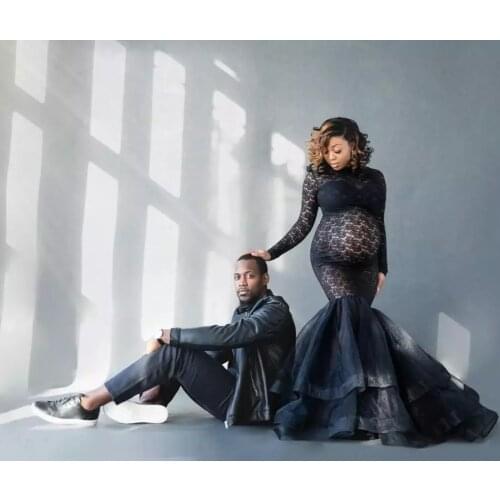 Maxi Maternity Gown Dresses for Photo Shoot Pregnant Women Long Sleeve Black Lace Turtleneck Photography Dresses Pregnancy Dress